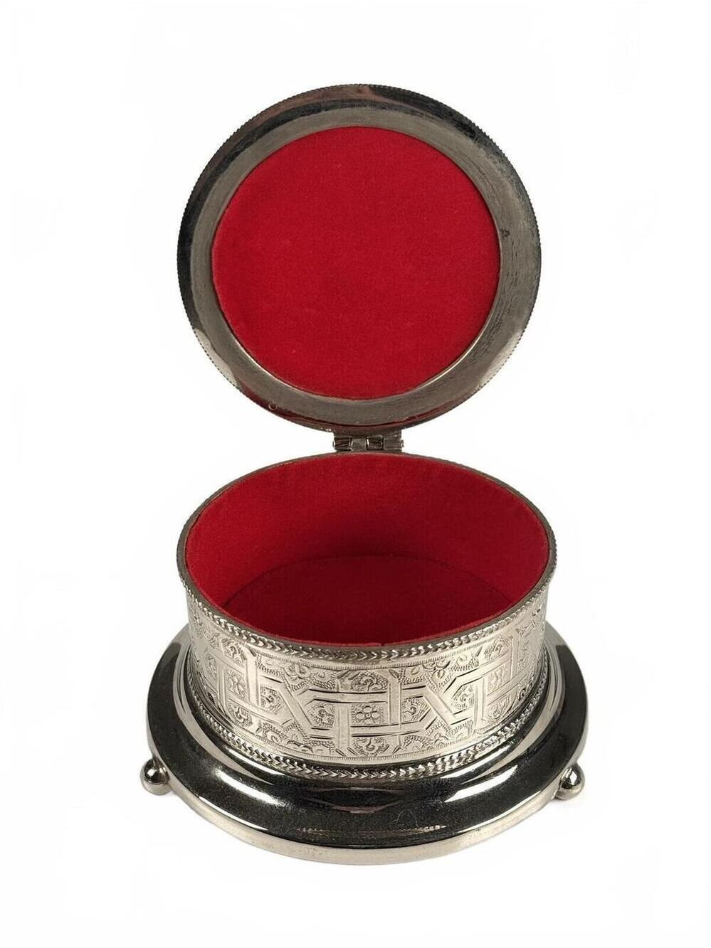 Vintage El Zaher Engraved Silver Plate Jewelry Box Red Velvet Oriental Geometric